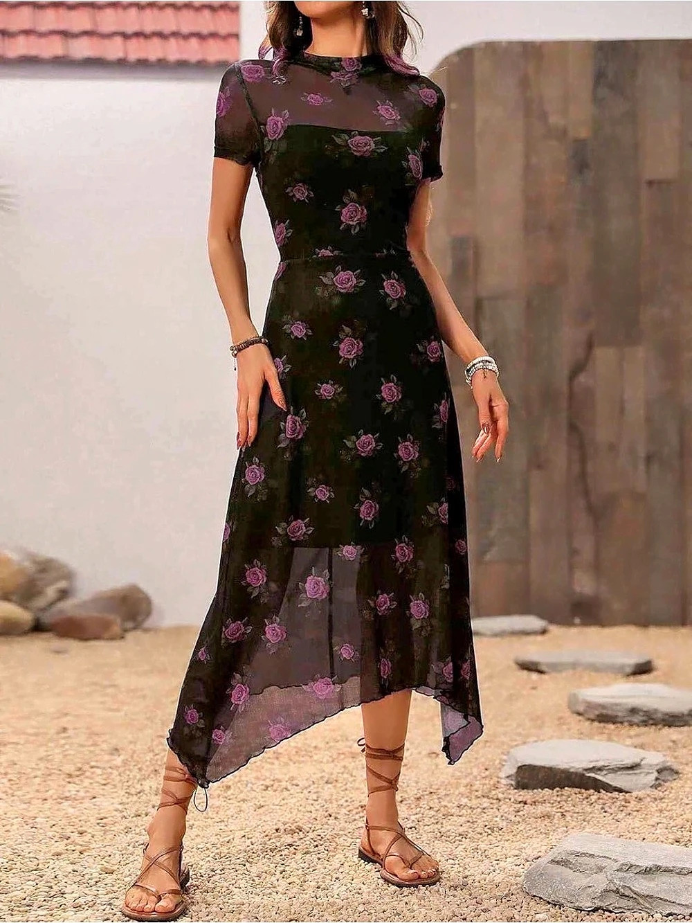 GothDark Women Summer Wedding Guest Floral Mesh Irregular Hem